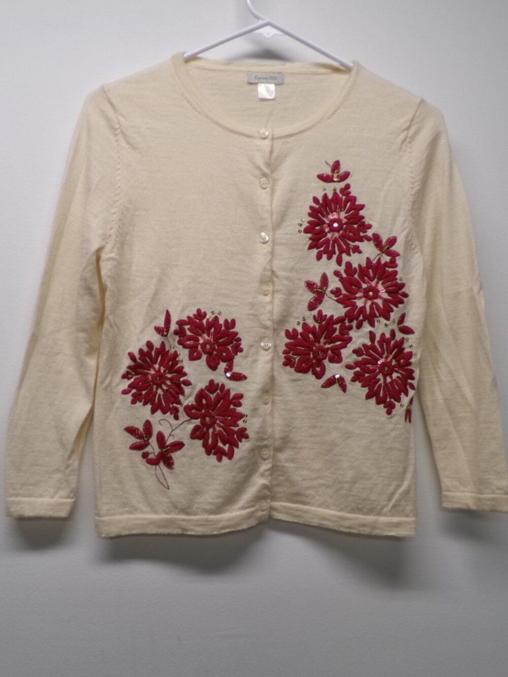 Garnet Hill 100% Merino Wool Embroidered Cardigan Sweater Floral Cottagecore S